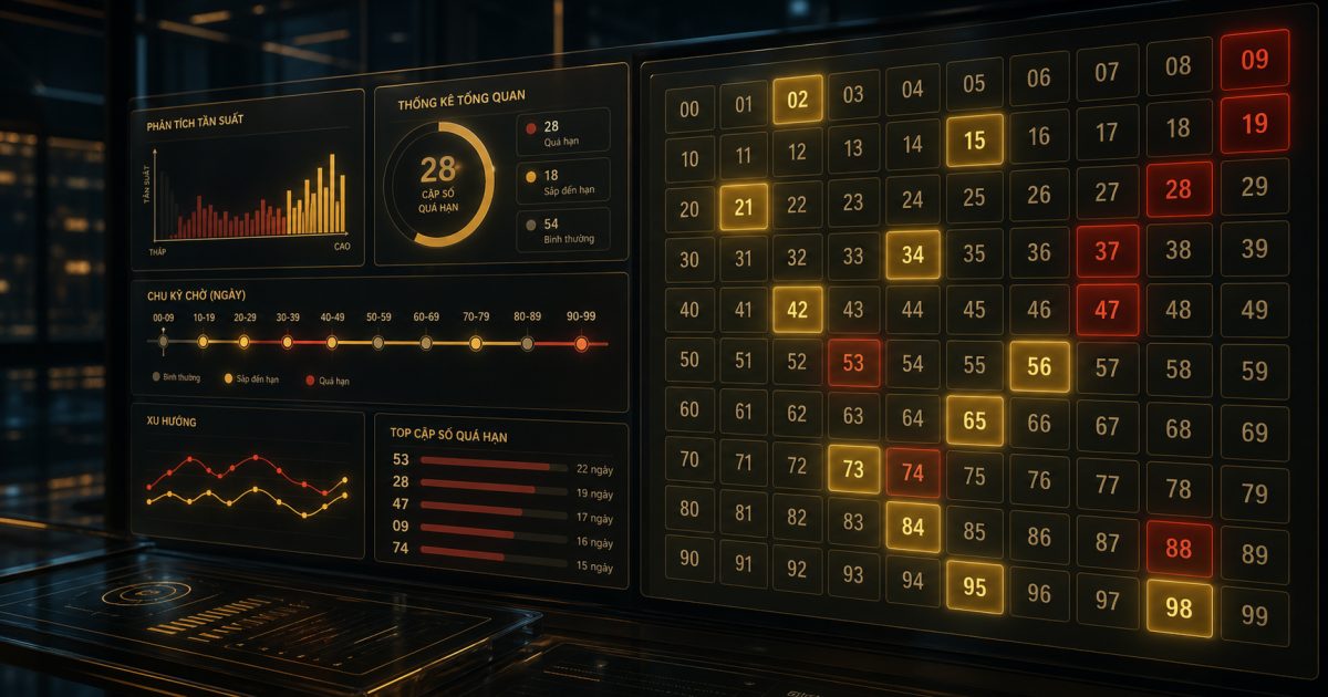Bảng heatmap lô tô gan thể hiện các số lâu chưa xuất hiện theo dữ liệu thống kê