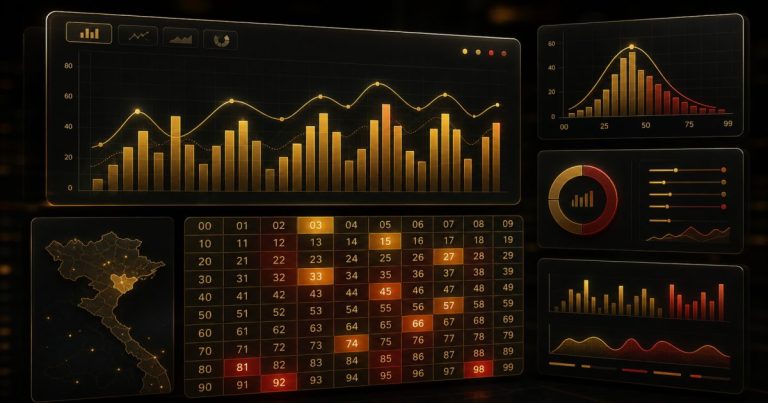 Dashboard biểu đồ tần suất lô tô và dữ liệu phân bố các cặp số